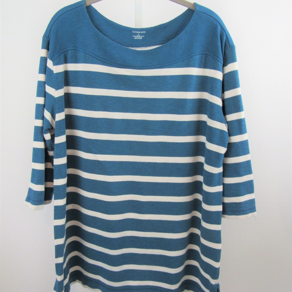 Lands End Teal White 3/4 Sleeve Tunic Top L